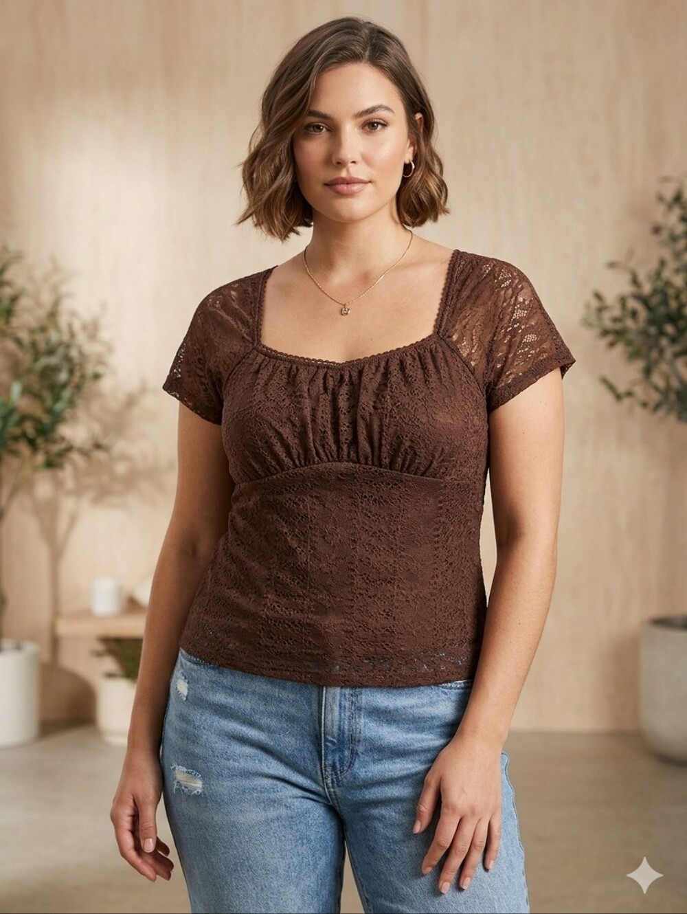 No Boundaries Brown Lace Scoop-Neck Blouse